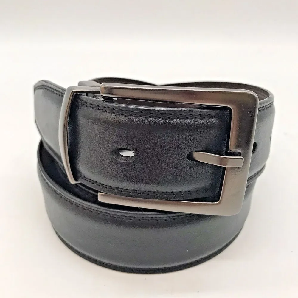 Dockers Black Synthetic Leather Belt Men's 42-44 Nickel Metal Loop Buckle Belt
